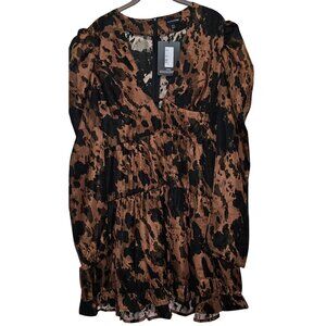 PrettyLittleThing Brown & Black Animal Print Mini Dress With Puff Sleeves & Tier